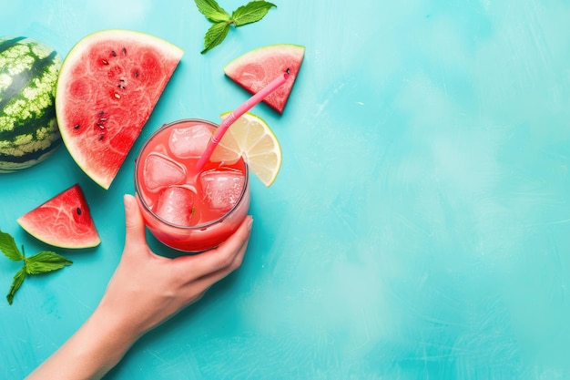 Wassermelon-Cocktail in der Hand in einem Glas auf einem tropischen Hintergrund