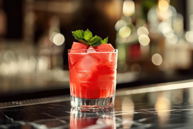 Foto wassermelon-cocktail in einem glas auf tropischem hintergrund