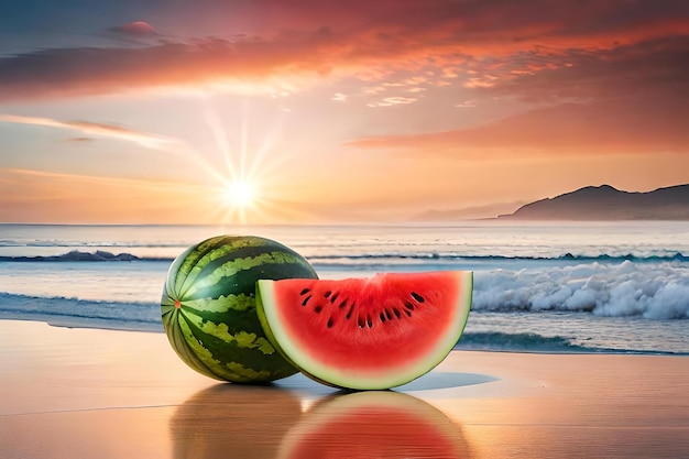 Foto wassermelone am strand mit sonnenuntergang