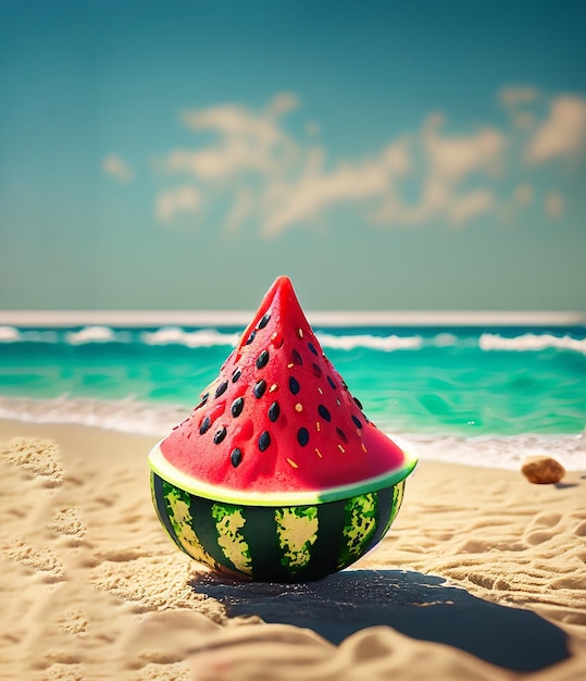 Foto wassermelone an einem strand mit regenschirm generative ai