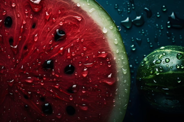 Wassermelone auf blauem Hintergrund mit Wassertropfen