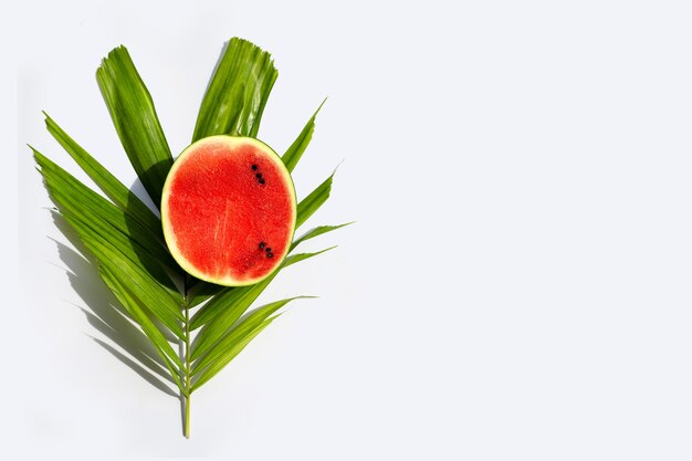 Wassermelone auf tropischen Palmblättern auf weißer Oberfläche