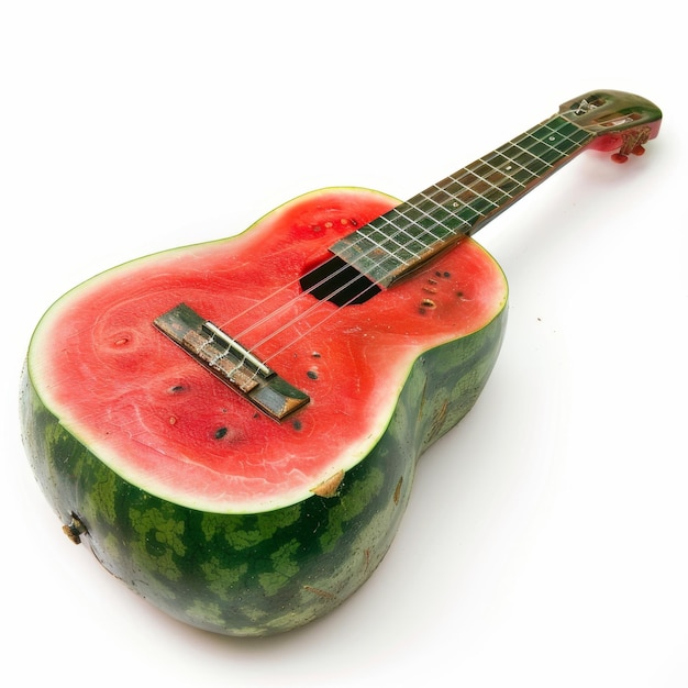 Wassermelone in Form einer Ukulele auf weißem Hintergrund