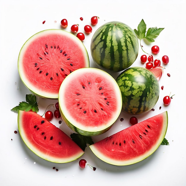 Wassermelone mit roter Reis und Minze auf weißem Hintergrund, Top-View