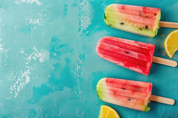 Wassermelone, tropische und Zitrusfrüchte, mehrfarbiges Eis auf einem Stock auf blauem Hintergrund