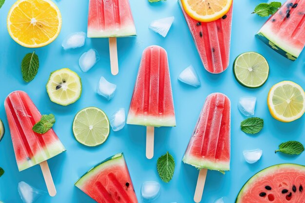Wassermelone, tropische und Zitrusfrüchte, mehrfarbiges Eis auf einem Stock auf blauem Hintergrund