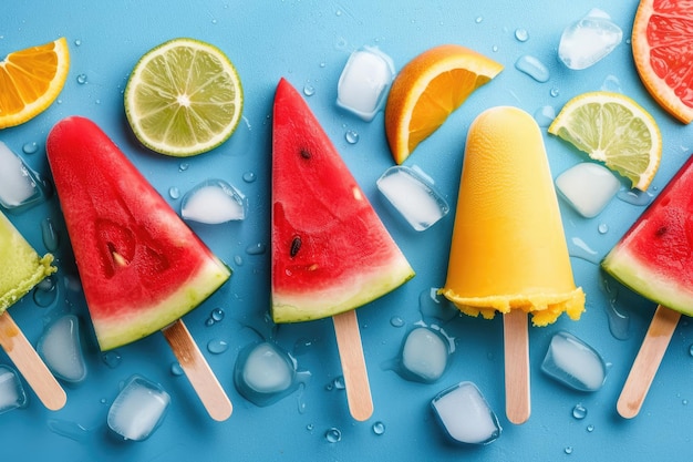 Wassermelone, tropische und Zitrusfrüchte, mehrfarbiges Eis auf einem Stock auf blauem Hintergrund