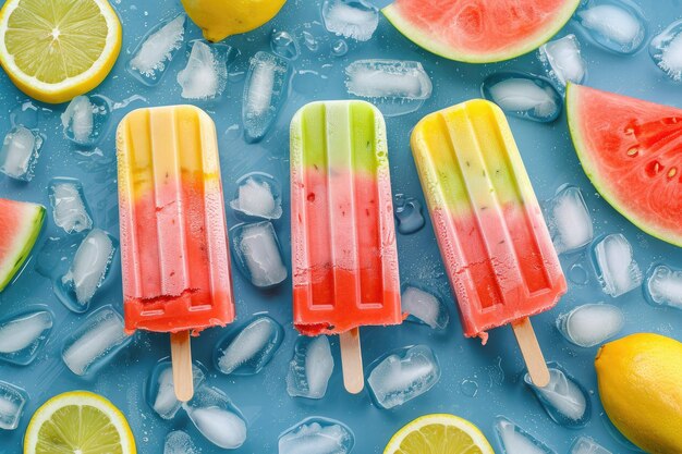 Foto wassermelone, tropische und zitrusfrüchte, mehrfarbiges eis auf einem stock auf blauem hintergrund