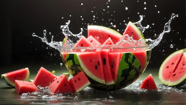 Wassermelone und Wassermelon-Schnitt mit Blattwasser-Spritz Bild wird mit Hilfe einer KI generiert