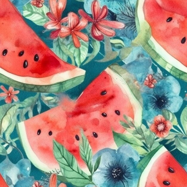 Wassermelonen-Aquarell-Hintergrund mit Blumen auf blauem Hintergrund