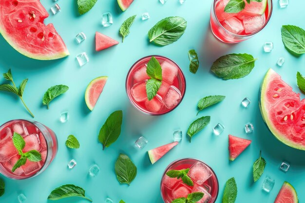 Wassermelonen-Cocktails in Gläsern auf blauem Hintergrund