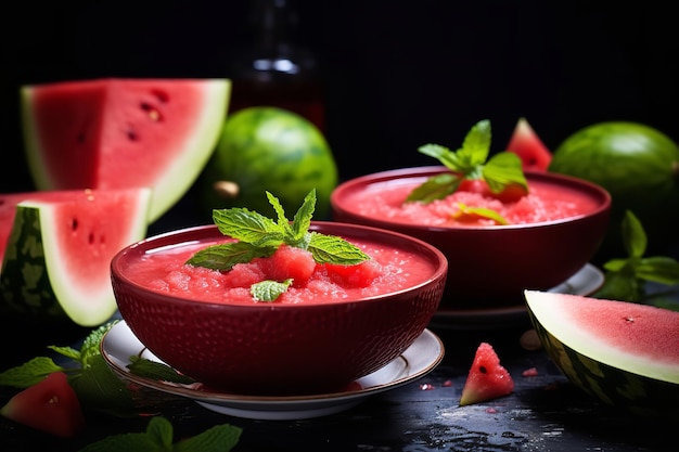 Wassermelonen-Gazpacho-Suppe in gekühlten Schüsseln