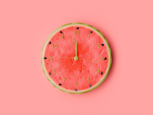 Wassermelonen-Uhr auf pastellrotem Hintergrund