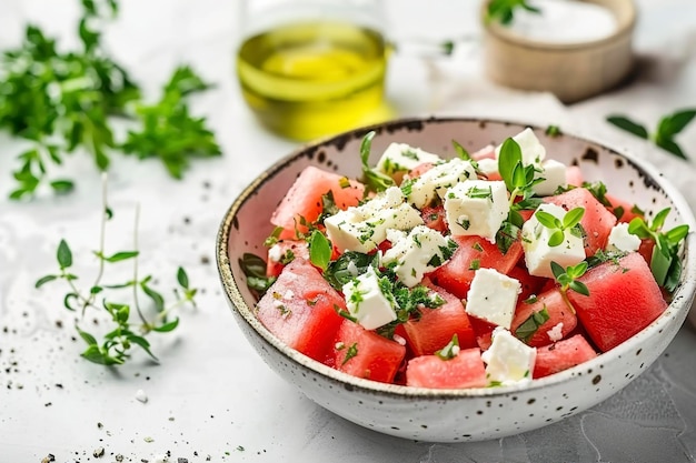 Foto wassermelonen- und feta-salat-teller