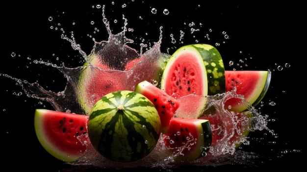 Wassermelonenexplosion auf schwarzem Hintergrund KI generativ