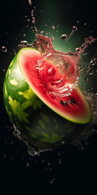 Wassermelonenfruchtscheibe spritzt in wassergenerative KI