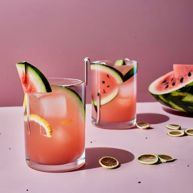 Wassermelonenlimonade mit Wassermelonenstücken in Gläsern auf rosa Hintergrund