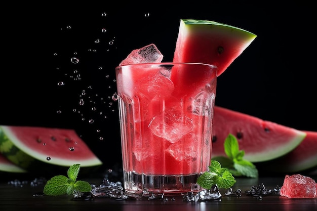 Wassermelonensaft in ein Glas mit Eis Gießen Wassermelonesaft Bilderfotografie