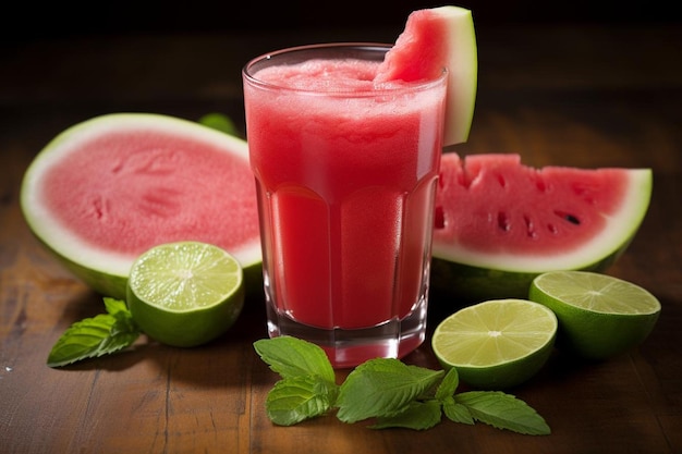 Wassermelonensaft in Glas mit Kalkklingen Wassermelonesaft Bildfotografie