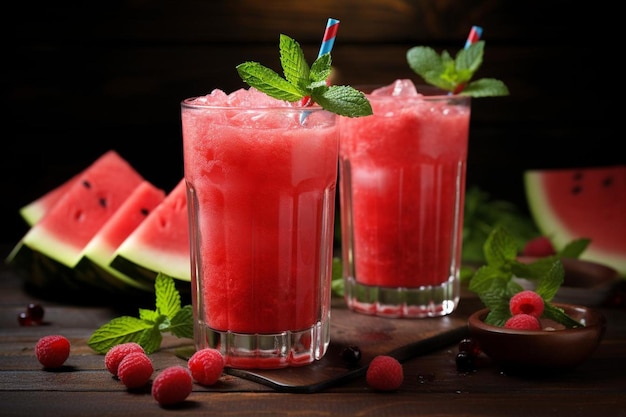 Wassermelonensaft in hohen Gläsern mit Eis und Minze Wassermelonesaft Bilderfotografie