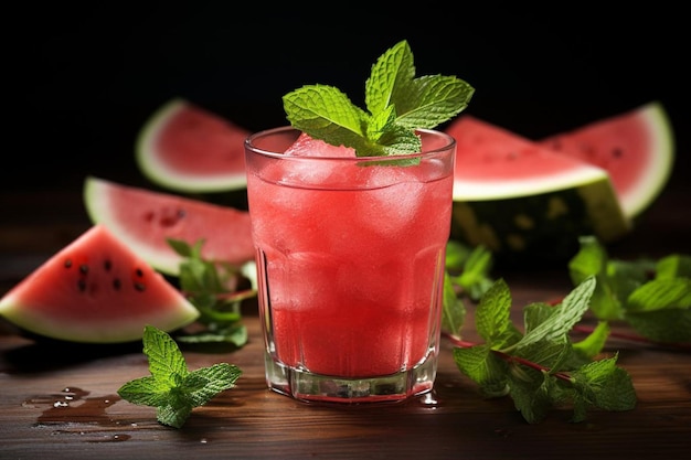 Wassermelonensaft in klarem Glas mit frischen Minzblättern Wassermelonesaft Bildfotografie