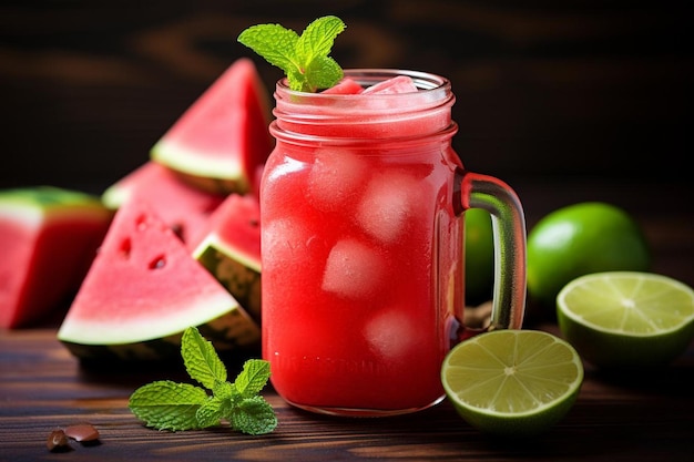 Wassermelonensaft in Mason Jar mit Eis und Lime Wassermelonesaft Bildfotografie