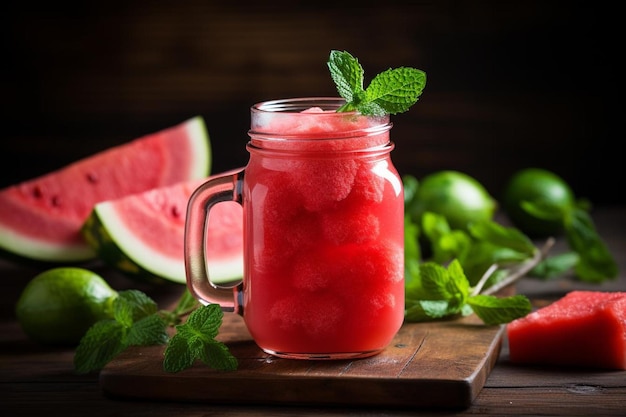 Wassermelonensaft in Mason Jar mit frischer Mint Wassermelonesaft Bildfotografie