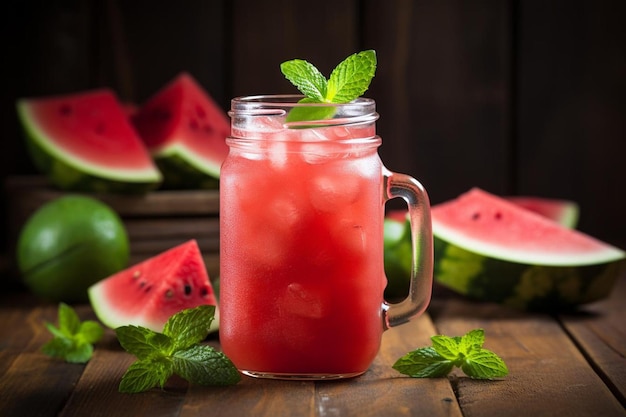 Wassermelonensaft in Mason Jar mit Minzblättern Wassermelonesaft Bildfotografie