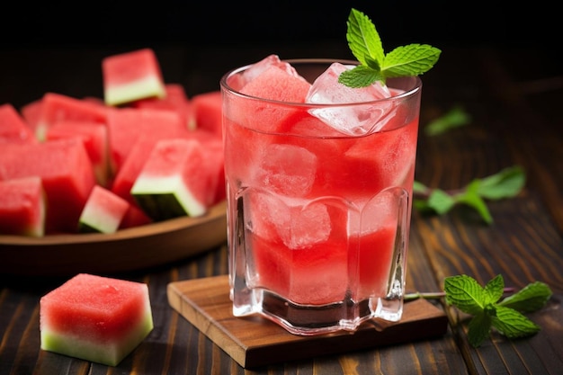 Wassermelonensaft mit Eiswürfeln und frischer Minze Wassermelonesaft Bilderfotografie