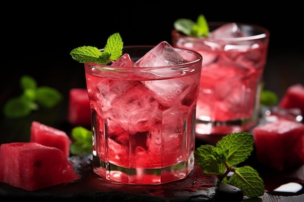 Wassermelonensaft mit Eiswürfeln und Minzgarnierung Wassermelonesaft Fotografie