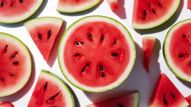 Wassermelonensaft mit roten Fruchtscheiben auf Weiß