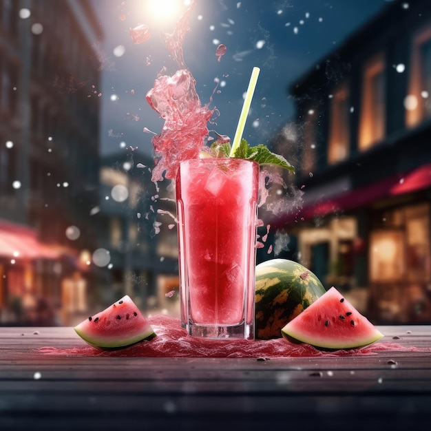 Wassermelonensaft mit Spritzern mit Wassermelonenfrüchten im Studio-Hintergrundrestaurant mit Garten