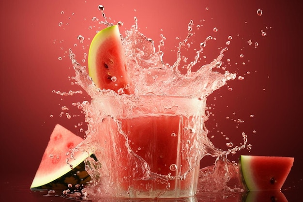 Wassermelonensaft-Splash mit Wassermelonenschnitten Wassermelonesaft-Bildfotografie