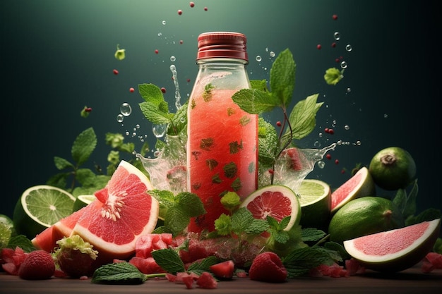 Wassermelonensaftflasche mit Minze und Lime Wassermelonesaft Bildfotografie