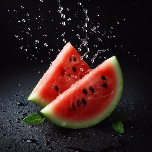 Wassermelonenscheiben auf schwarzem Hintergrund mit Wassertropfen