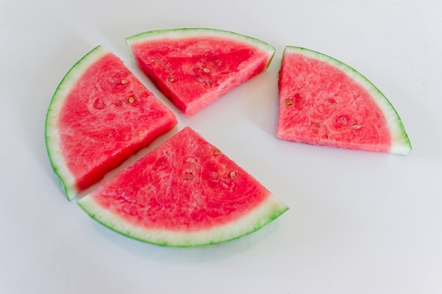 Wassermelonenscheiben in Form eines Dreiecks auf weißem Hintergrund mit Platz für Kopie, Ansicht von oben