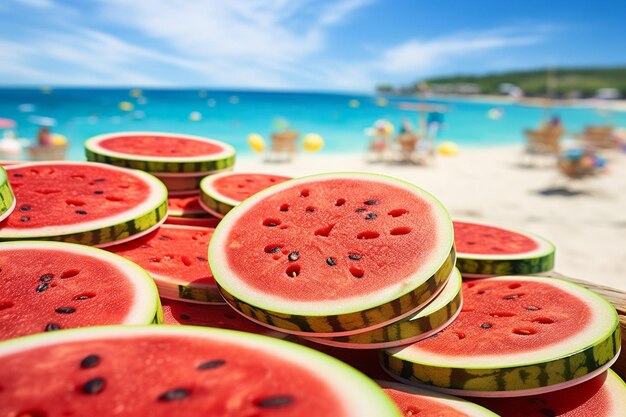 Foto wassermelonenscheiben mit einem sonnenblumenfeld im mondlicht als hintergrund