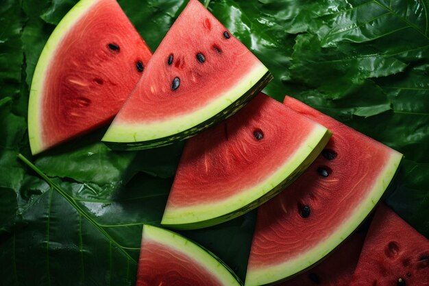 Wassermelonenscheiben mit einem Sonnenblumenfeld im Mondlicht als Hintergrund