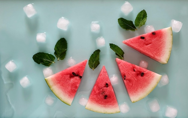Wassermelonenscheiben mit Eiswürfeln und Minzblättern auf farbigem Hintergrund, Draufsicht