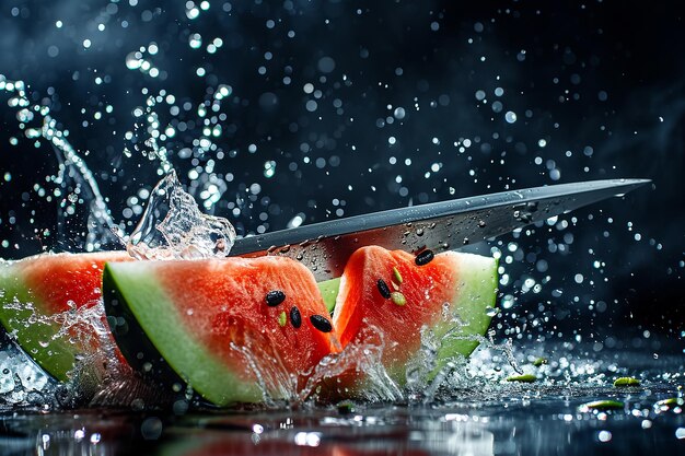 Foto wassermelonenscheiben mit messer und wassertropfen und spritzen auf dunkelblauen hintergrund