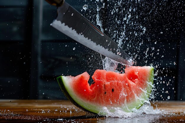 Foto wassermelonenscheiben mit messer und wassertropfen und spritzen auf dunkelblauen hintergrund