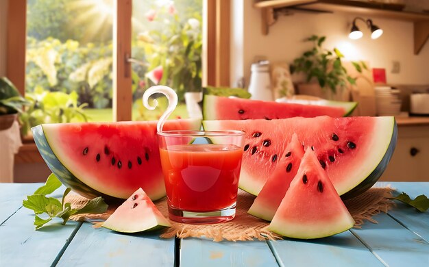 Wassermelonenscheiben und Saft auf einem Holztisch