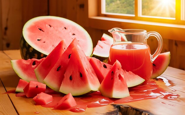 Wassermelonenscheiben und Saft auf einem Holztisch