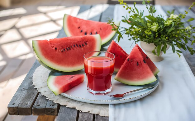 Wassermelonenscheiben und Saft auf einem Holztisch