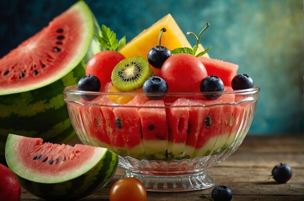 Wassermelonsalat in einer Glasschüssel mit anderen Früchten gemischt