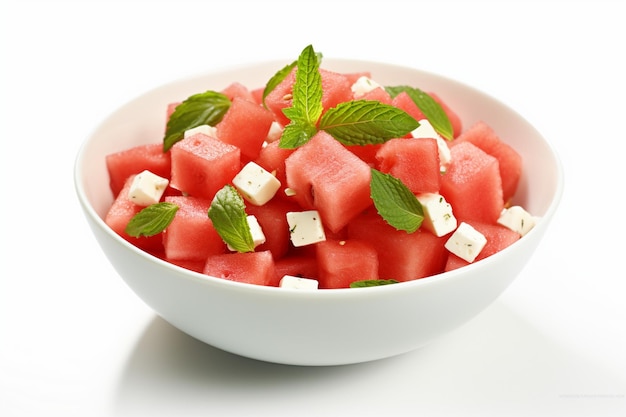 Wassermelonsalat mit Feta-Käse und Minze in einer Schüssel auf weißem Hintergrund