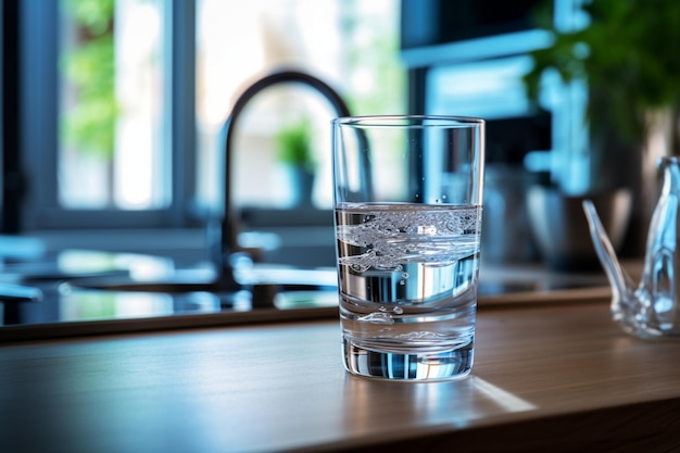 Foto wasserquelle im küchenglasbecher, gefüllt aus dem wasserhahn mit sauberem wasser