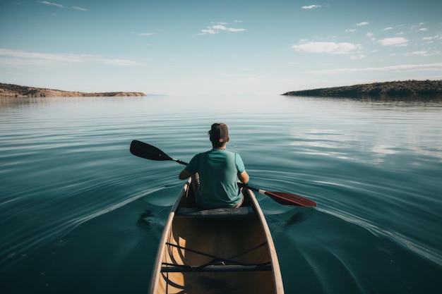 Wassersportbegeisterte paddeln durch eine ruhige Seelandschaft, die mit generativer KI geschaffen wurde
