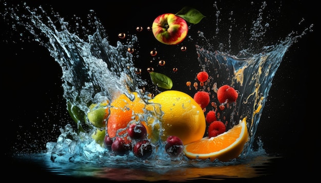 Wasserspritzer auf Obst und Gemüse Generative KI