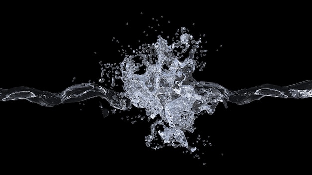 Wasserspritzer auf schwarzem Hintergrund. 3D-Illustration.